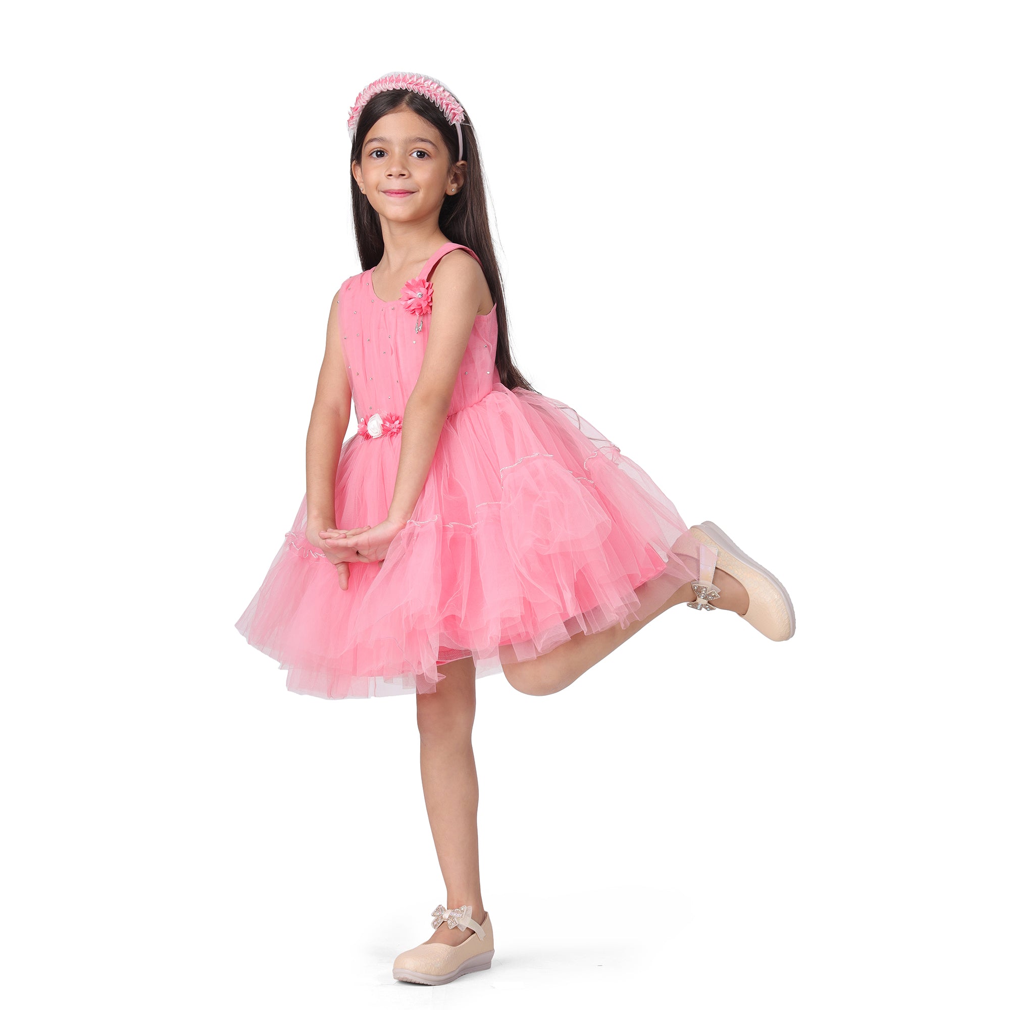 Itsmycostume Net Casual Knee Length Cute Frill Green  Dress for Girls Kids