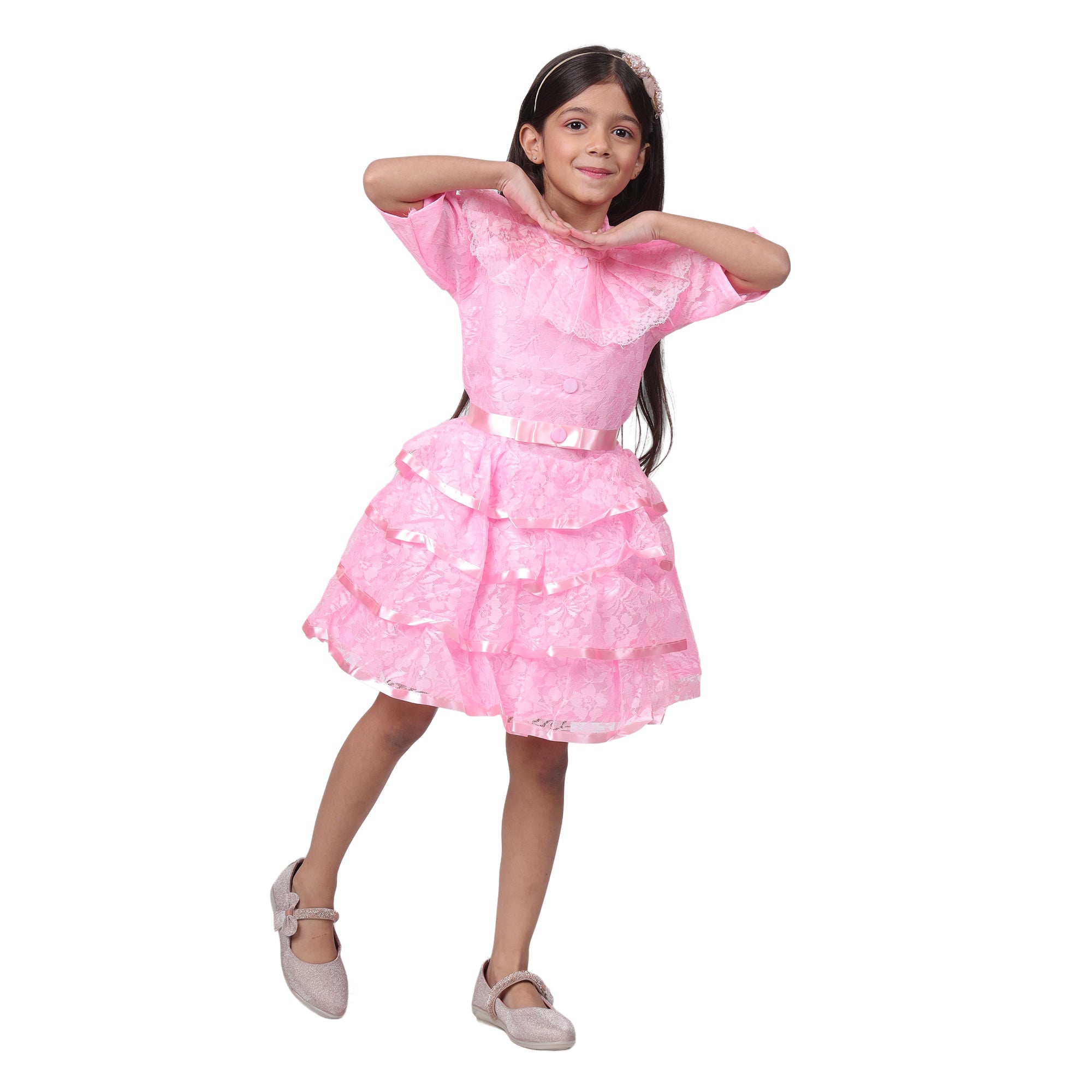 Itsmycostume Net Casual Knee Length Cute Frill Fairy Pink Frock Dress for Girls Kids