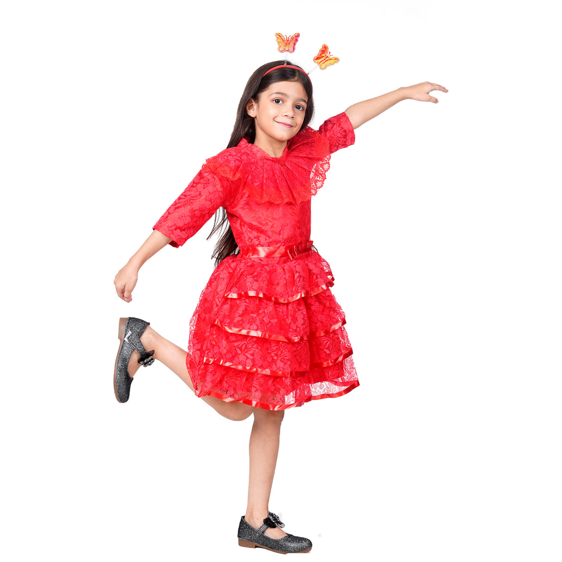Itsmycostume Net Casual Knee Length Cute Frill Fairy Red Frock Dress  for Girls Kids