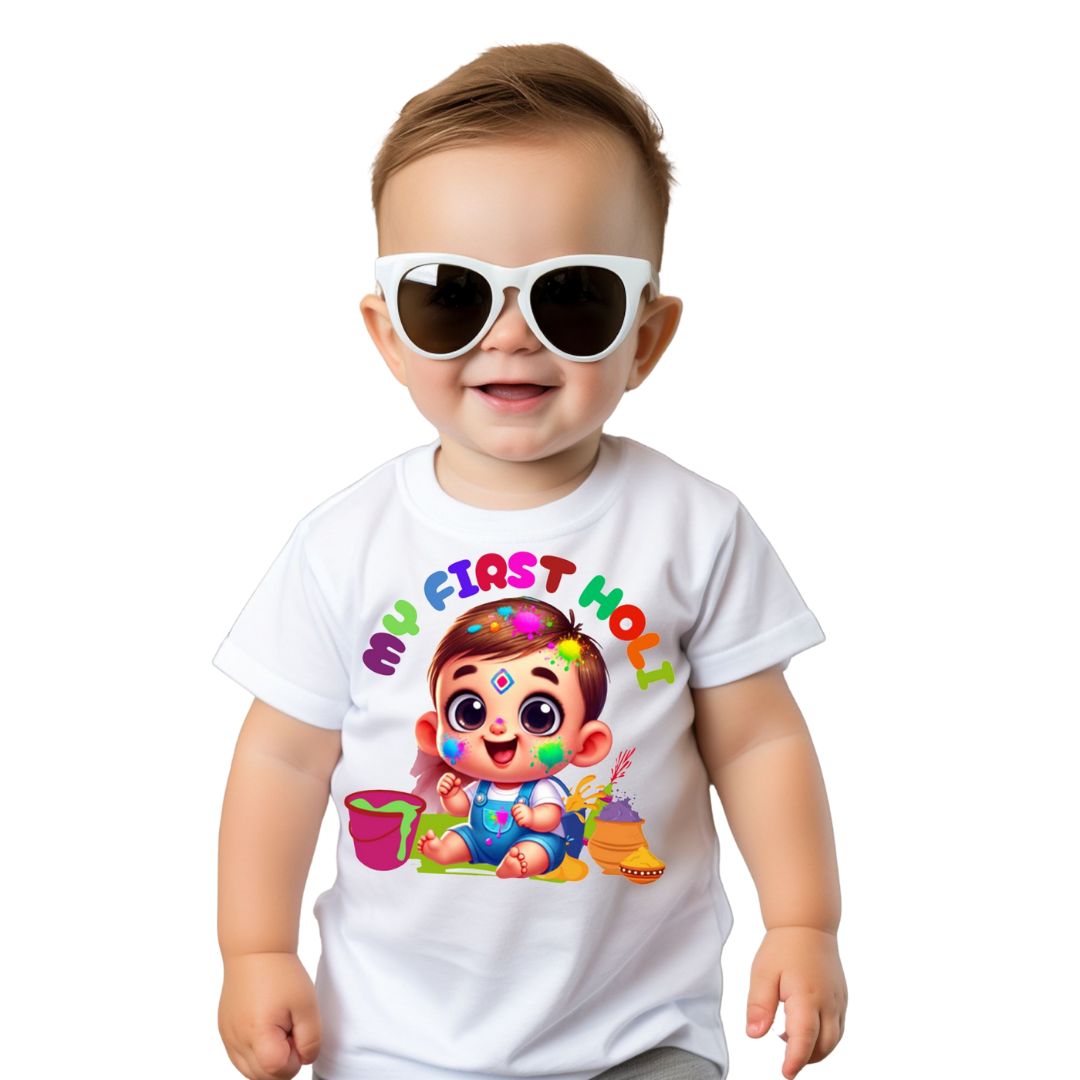 Itsmycostume My First Holi tshirt for kids baby boy girl infant Unisex Half Sleev Round Neck Tshirts