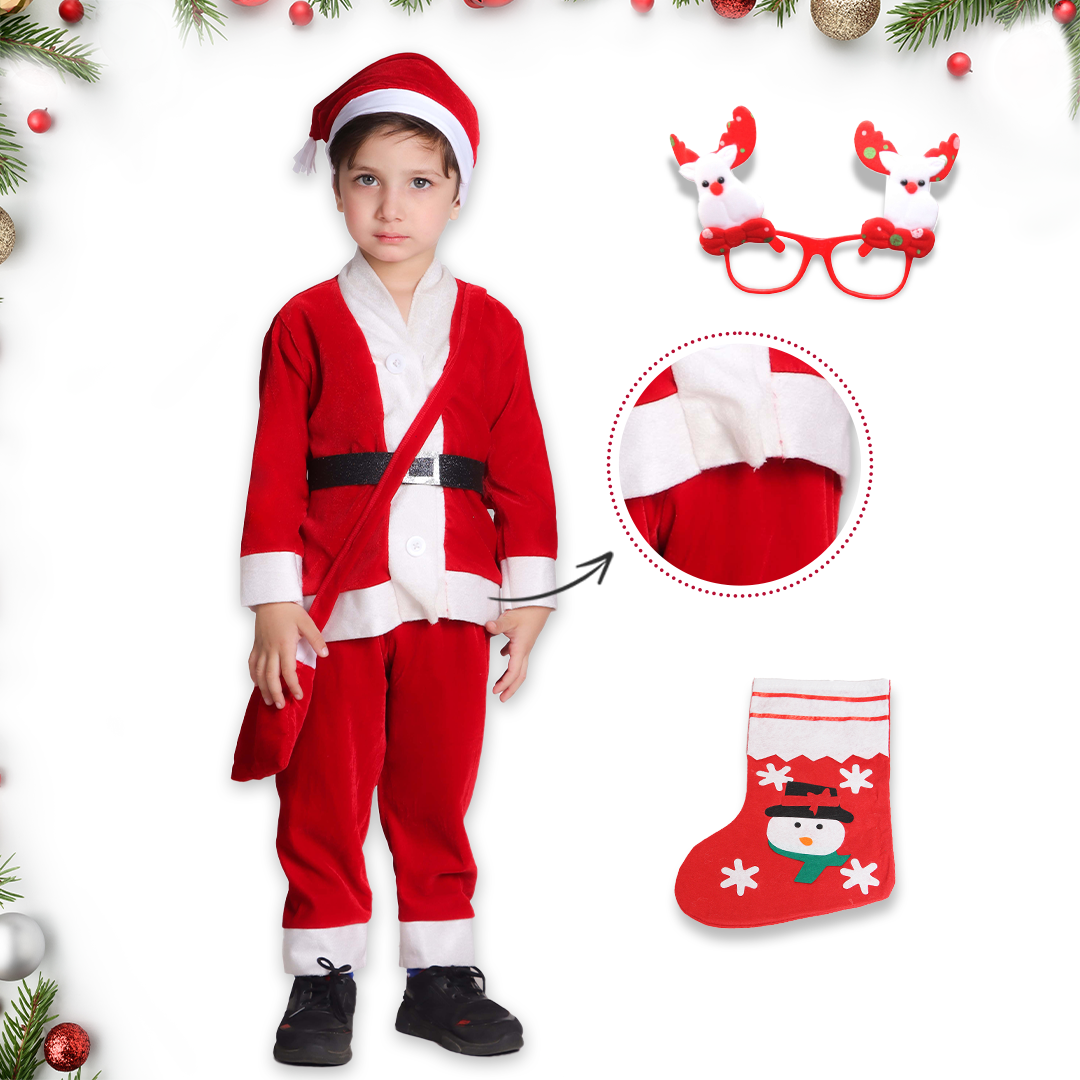 Itsmycostume Santa Costume Outfit for Kids With Jacket Pant Santa Cap Gift Pouch Belt,Hanging Stocking &amp; ,Red