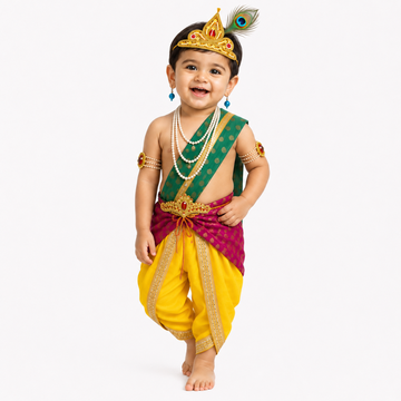 ITSMYCOSTUME Krishna Fancy Dress for Baby Boys | Complete Janmashtami Costume Set with Dhoti, Patka , Mukut, Morpankh, Bansuri, Kamarband, Bajuband, Kundal ,Mala | Bal Gopal Kanha Dress