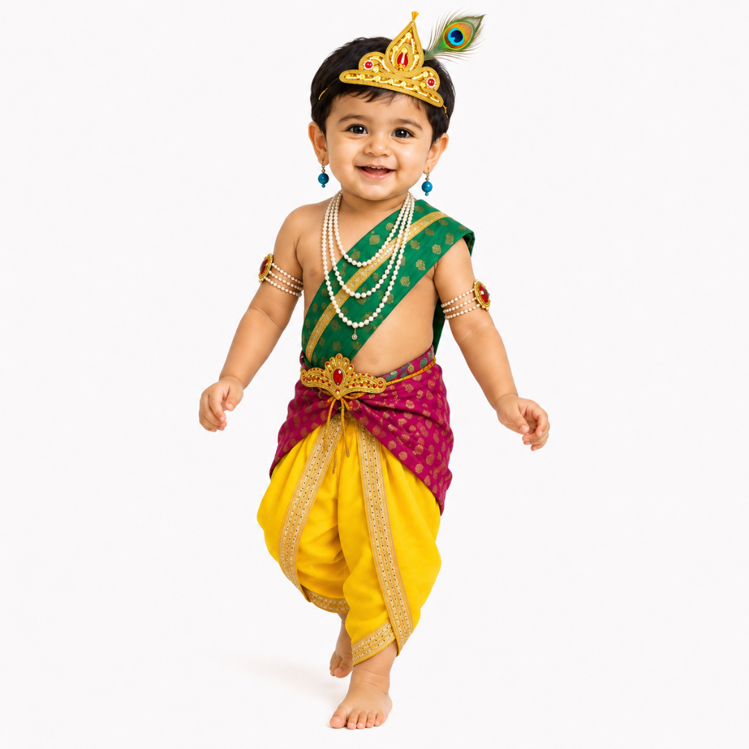 ITSMYCOSTUME Krishna Fancy Dress for Baby Boys | Complete Janmashtami Costume Set with Dhoti, Patka , Mukut, Morpankh, Bansuri, Kamarband, Bajuband, Kundal ,Mala | Bal Gopal Kanha Dress