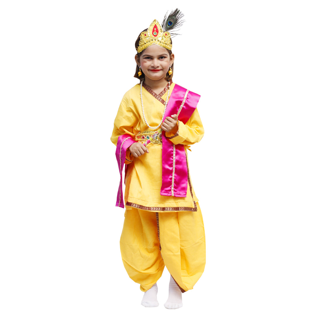 Krishna Dress for Kids Set of 9 Dhoti,Kurta,Mukut,Morpankh,Bansuri,Belt,Stole,Motimala,Kundal
