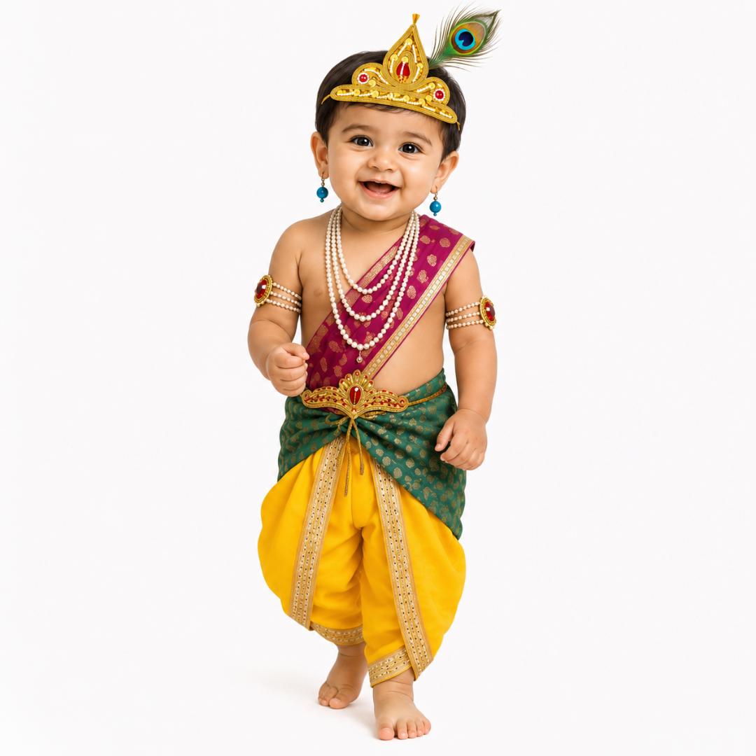 ITSMYCOSTUME Baby Krishna Costume for Boys | Kanha Fancy Dress Set with Dhoti, Patka, Mukut, Morpankh, Mala, Bajuband, Kamarband, Kundal & Bansuri | Janmashtami Dress for Kids
