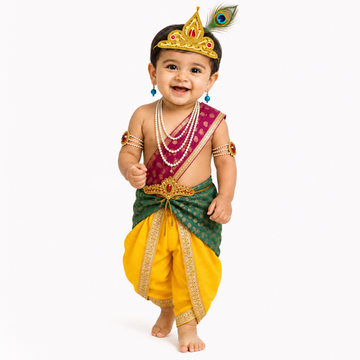 ITSMYCOSTUME Baby Krishna Costume for Boys | Kanha Fancy Dress Set with Dhoti, Patka, Mukut, Morpankh, Mala, Bajuband, Kamarband, Kundal & Bansuri | Janmashtami Dress for Kids