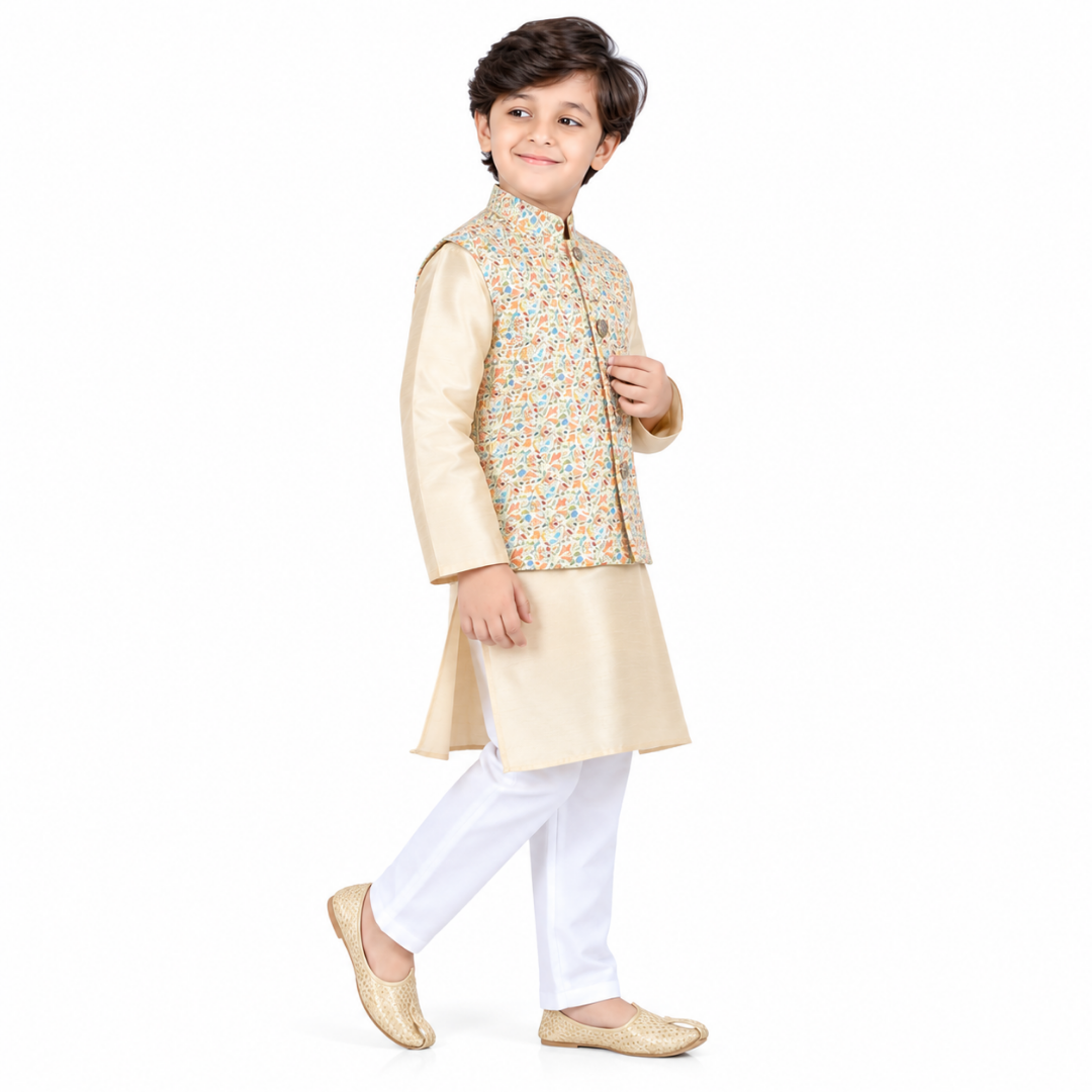 Vaanee Designz Boys Ethnic Wear Waistcoat Kurta Pyjama Set in Golden for Boys Kids (VD50000-Creaam)
