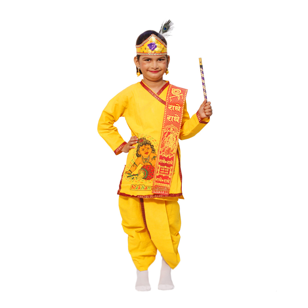 Krishna Dress for Kids Set of 6 Dhoti,Kurta,Mukut,Morpankh,Bansuri,Stole