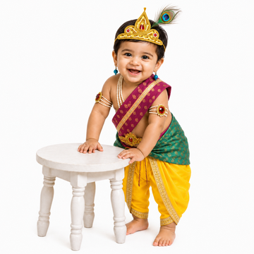 ITSMYCOSTUME Baby Krishna Costume for Boys | Kanha Fancy Dress Set with Dhoti, Patka, Mukut, Morpankh, Mala, Bajuband, Kamarband, Kundal & Bansuri | Janmashtami Dress for Kids