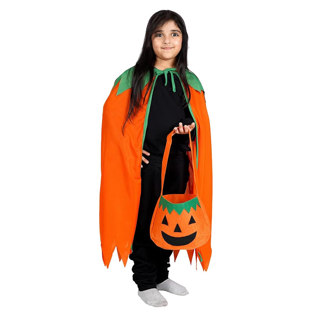 ITSMYCOSTUME Halloween Pumpkin Dress for Boys &amp; Girls Kids Orange Cape with Pumpkin Basket Complete Set with Accessories