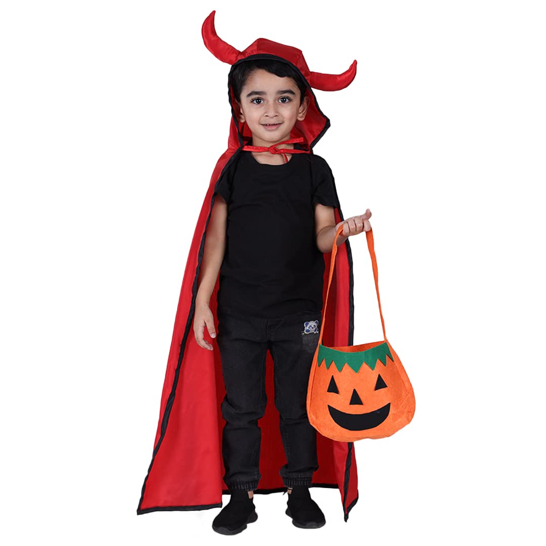 ITSMYCOSTUME Halloween Dress for Boys &amp; Girls Kids Red Cape with Devil Horn Pumpkin Basked Kids Costume Complete Set (IMC26000)