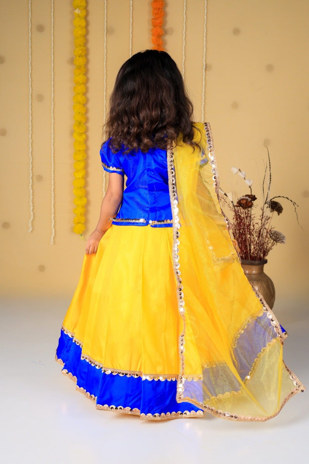 Vaanee Designz Silk Blend Readymade Embroidered 3 Piece Lehenga Choli Set|Lehenga Choli,Ethnic Wear|Lehenga for Kids|Lehenga Set for Wedding and Festival( Yellow & Blue)