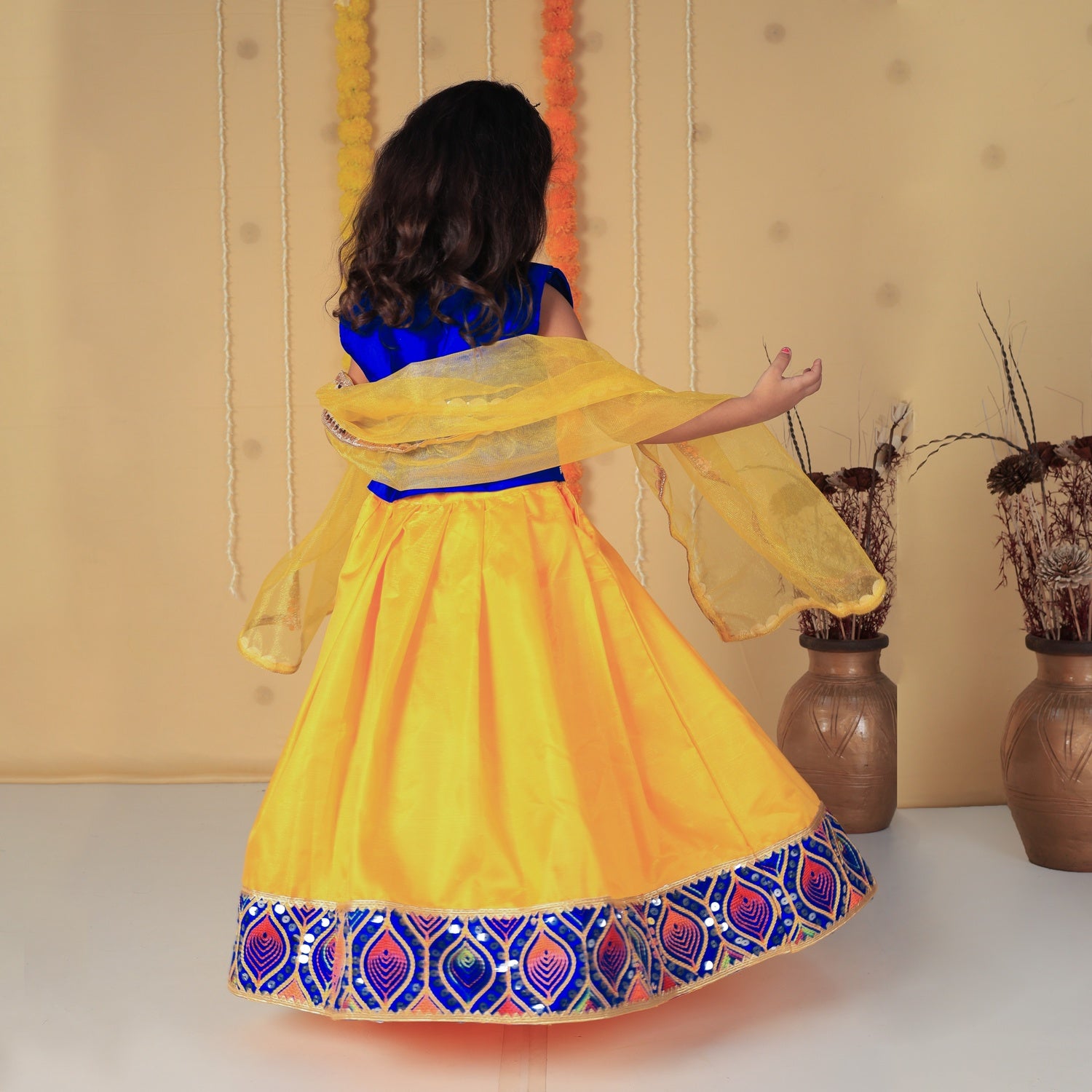 Vaanee Designz Silk Blend Readymade Embroidered 3 Piece Lehenga Choli Set|Lehenga Choli,Ethnic Wear|Lehenga for Kids|Lehenga Set for Wedding and Festival(Blue&Yellow)