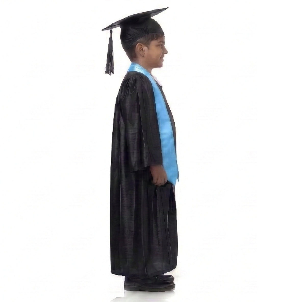 Kids Black Graduation Gown with Cap and Blue Sash | Convocation Costume for Boys & Girls