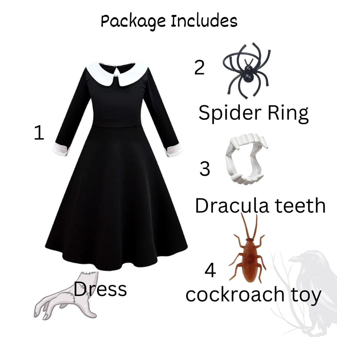 Halloween Dress| Wednesday Addam's Costume and Accessories|For Girls Kids |Haunted Horror Theme Dress (FREE scary teeth)