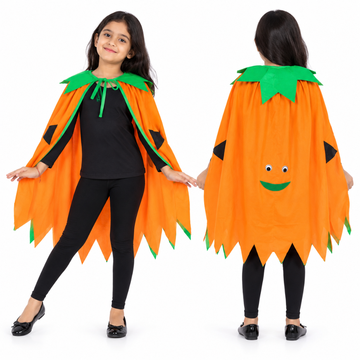 ITSMYCOSTUME Kids Pumpkin Cape Costume for Girls | Cute Jack-O-Lantern Halloween Cape with Smiley Face & Green Collar | Cosplay Wear