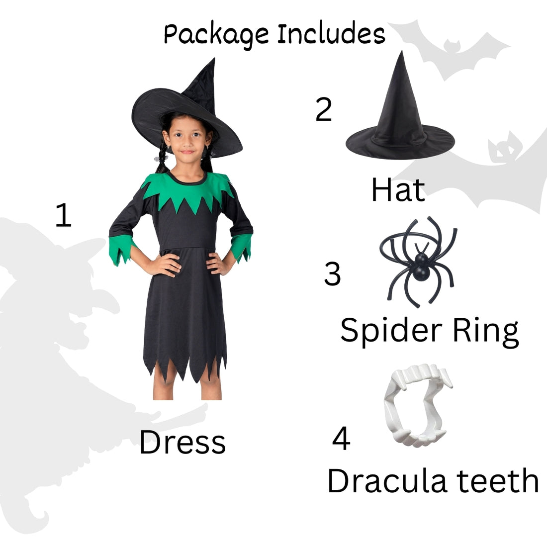 Halloween Dress| Witch Frock Costume and Accessories|For Girls  Kids |Haunted Horror Theme Dress (Free Scary Teeth)