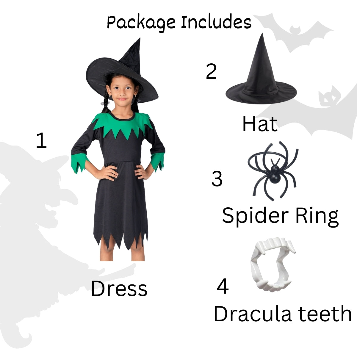 Halloween Dress| Witch Frock Costume and Accessories|For Girls  Kids |Haunted Horror Theme Dress (Free Scary Teeth)