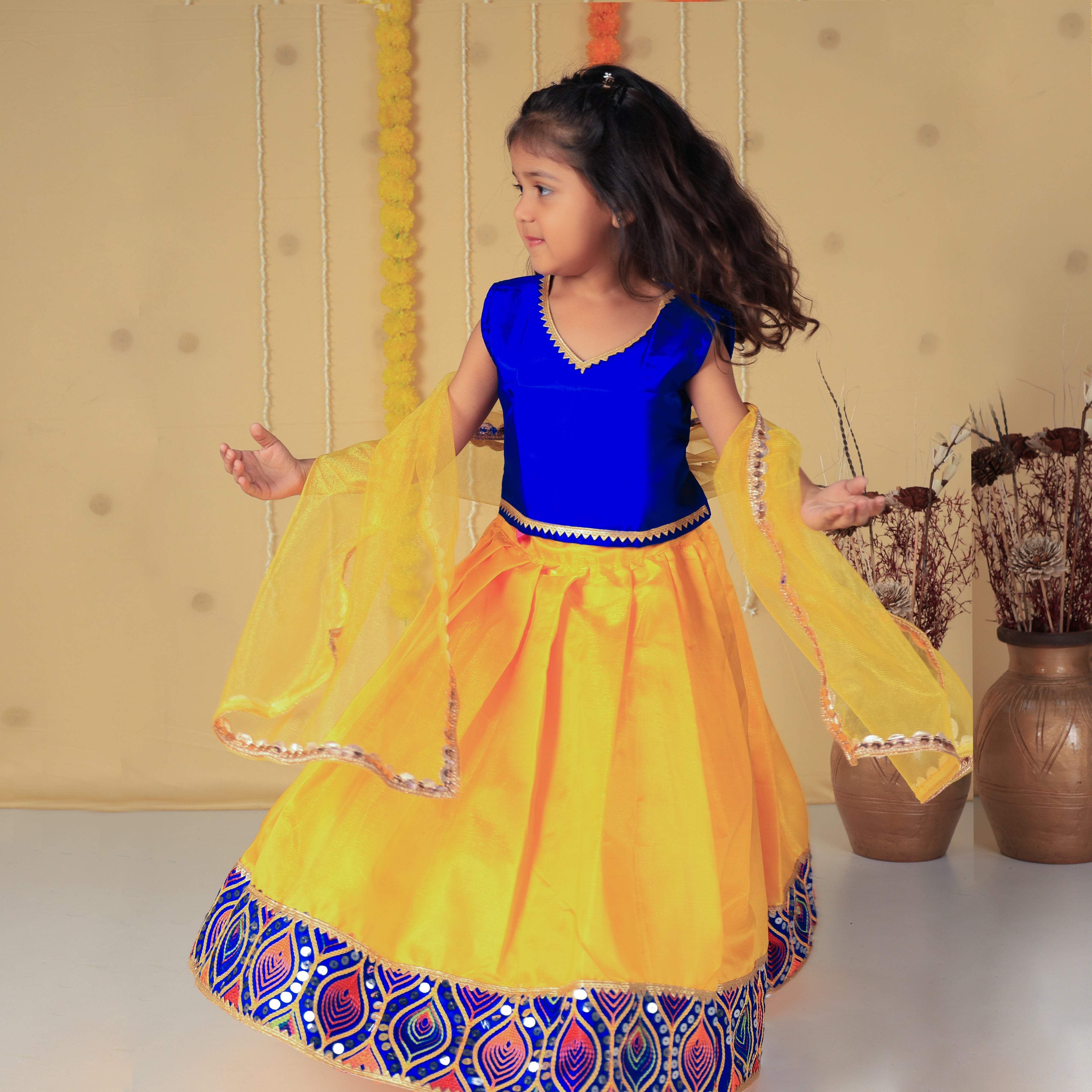 Vaanee Designz Silk Blend Readymade Embroidered 3 Piece Lehenga Choli Set|Lehenga Choli,Ethnic Wear|Lehenga for Kids|Lehenga Set for Wedding and Festival(Blue&Yellow)