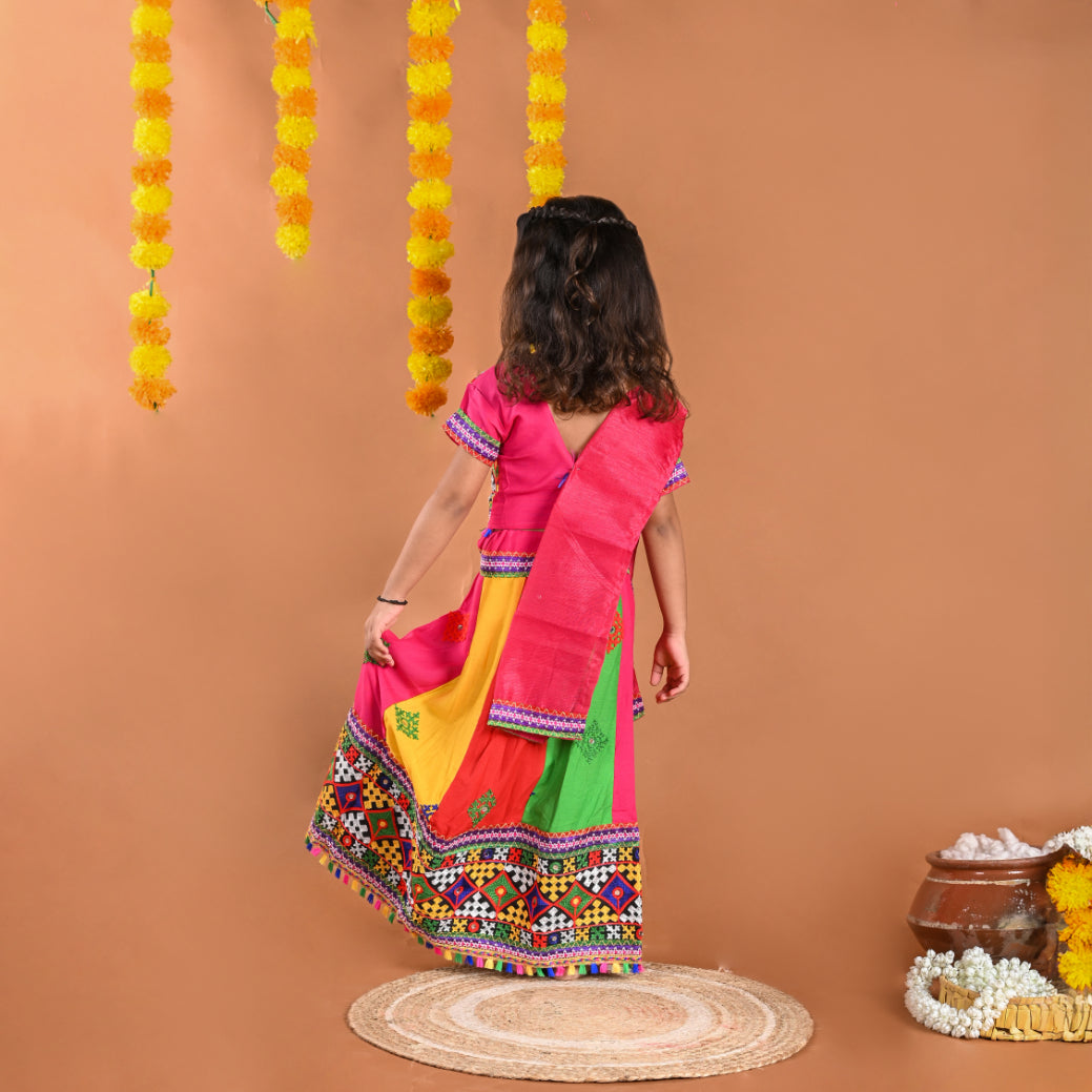 Girl's Gujrati Garba Navratri Cotton Readymade Lehenga Choli With Dupatta