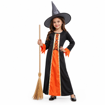 Witch Costume Dress for Kids Girls Set of 2(Gown,Hat) Halloween Fancy Dress