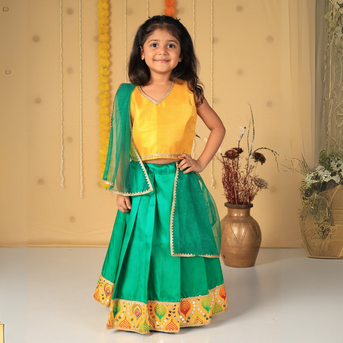 Vaanee Designz Silk Blend Readymade Embroidered 3 Piece Lehenga Choli Set|Lehenga Choli,Ethnic Wear|Lehenga for Kids|Lehenga Set for Wedding and Festival(Green & Yellow)