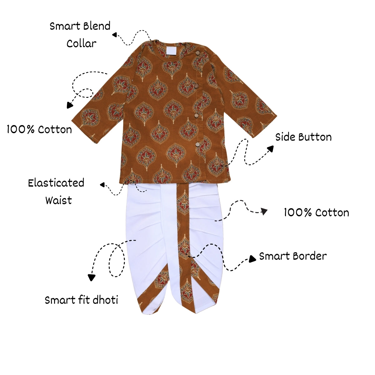Vaanee Designz Elegant Traditional Dhoti Kurta Set for Baby Boys – Soft Cotton Ethnic Dress for Festivals And Weddings(Rust brown)