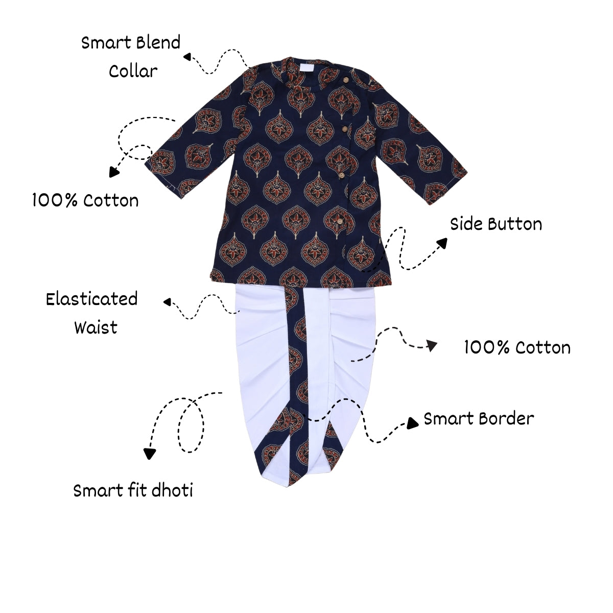 Vaanee Designz Elegant Traditional Dhoti Kurta Set for Baby Boys – Soft Cotton Ethnic Dress for Festivals And Weddings(Navy Blue)