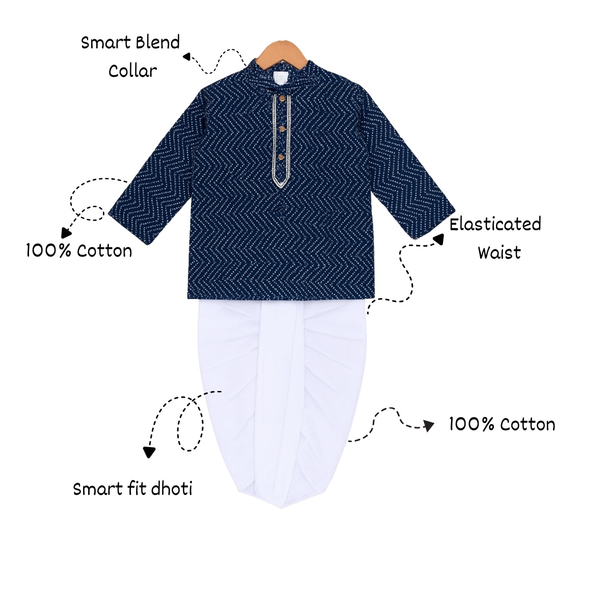 Vaanee Designz Elegant Traditional Dhoti Kurta Set for Baby Boys – Soft Cotton Ethnic Dress for Festivals And Weddings(Navy Blue)