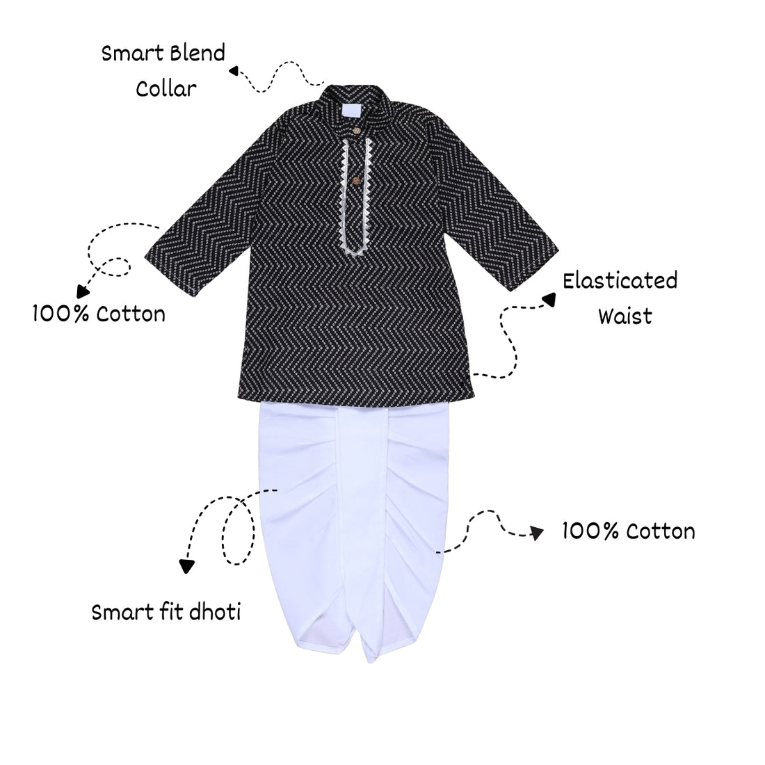 Vaanee Designz Elegant Traditional Dhoti Kurta Set for Baby Boys – Soft Cotton Ethnic Dress for Festivals And Weddings(Black)