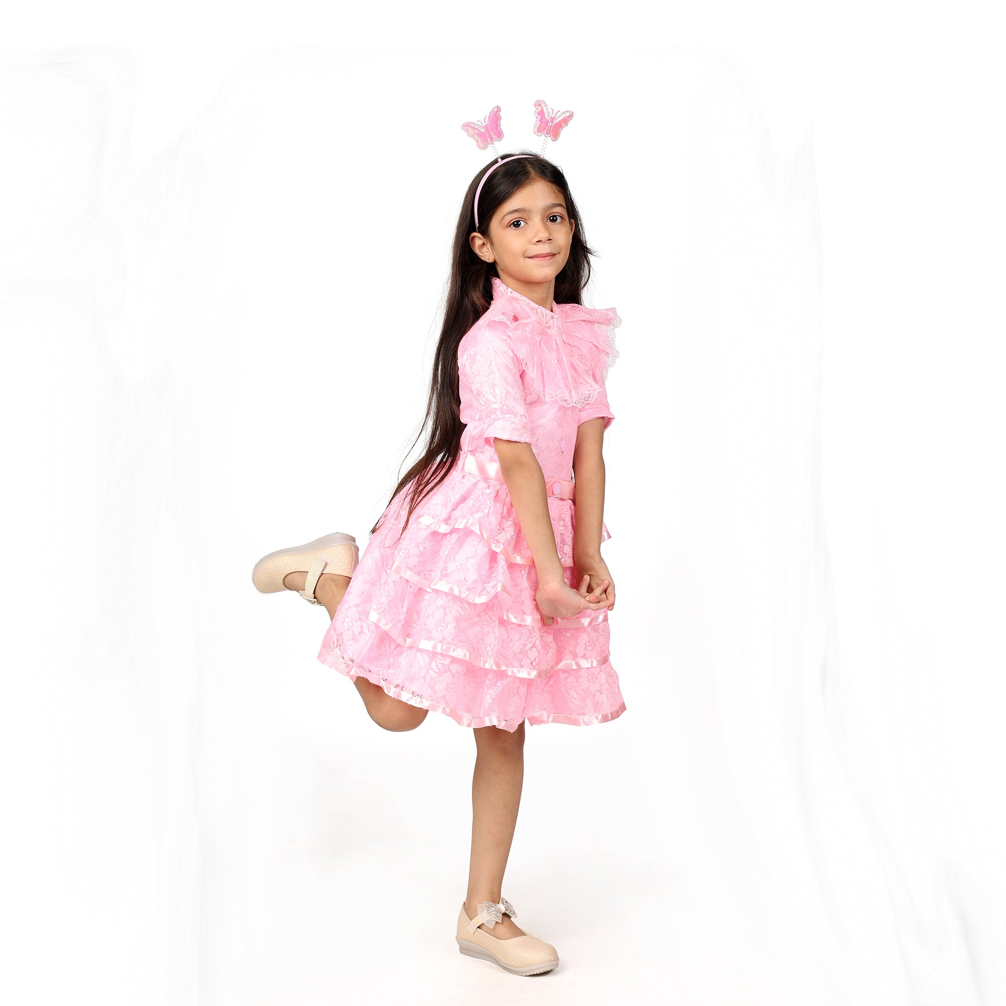 Itsmycostume Net Casual Knee Length Cute Frill Fairy Pink Frock Dress with Wings, Fairy Stick and Head Band for Girls Kids