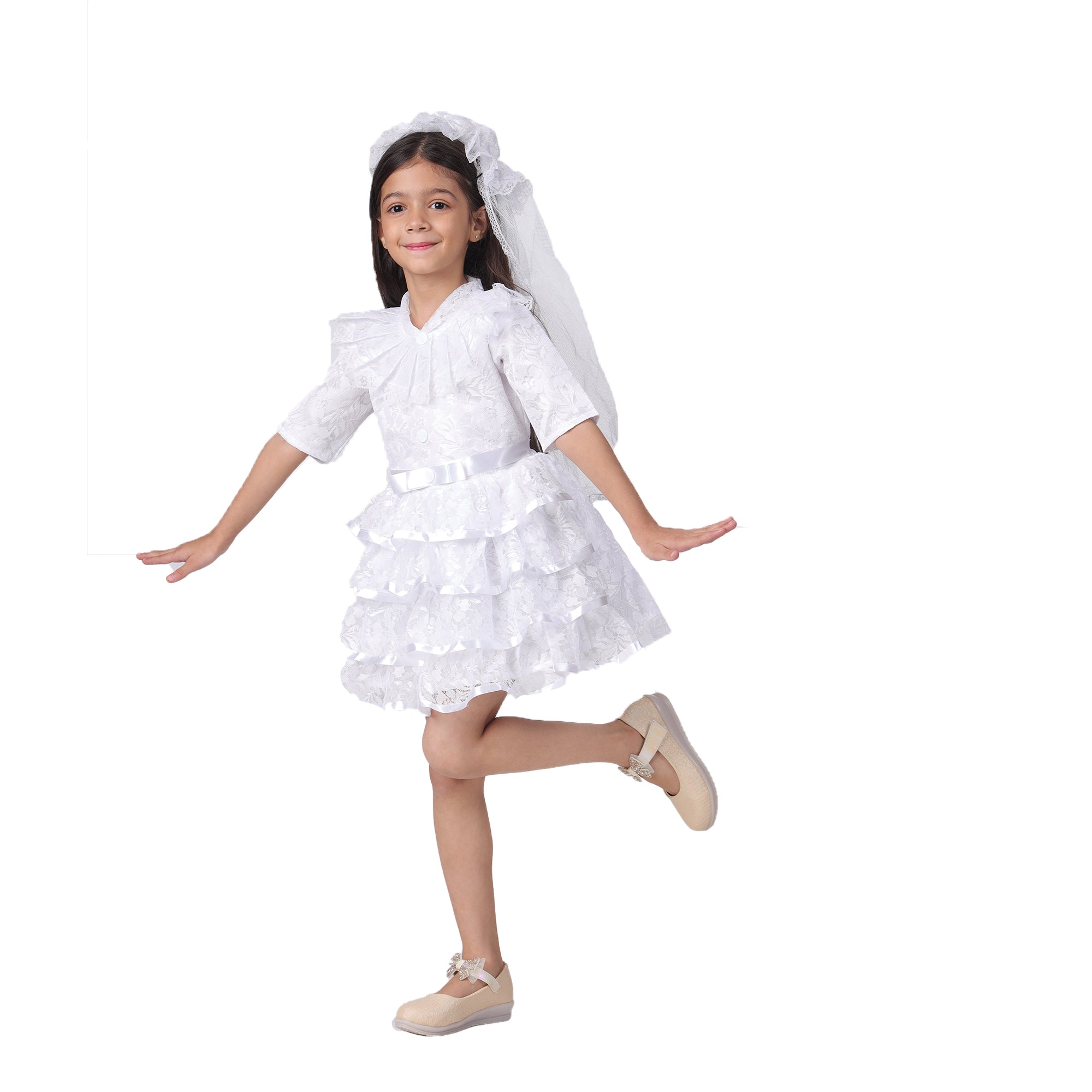 Itsmycostume Net Casual Knee Length Cute Frill Fairy White Frock Dress for Girls Kids