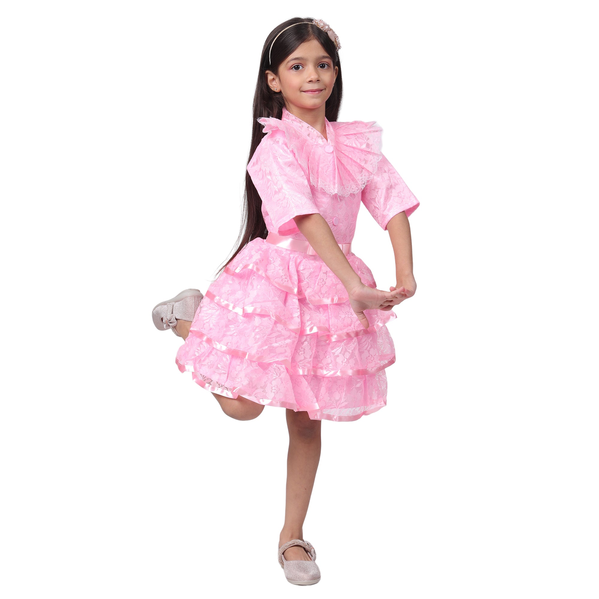 Itsmycostume Net Casual Knee Length Cute Frill Fairy Pink Frock Dress for Girls Kids
