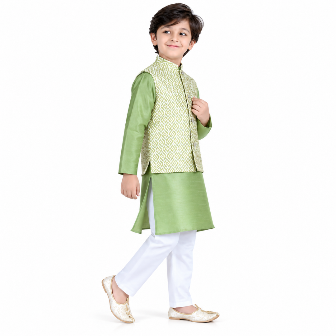 Vaanee Designz Boys Ethnic Wear Waistcoat Kurta Pyjama Set in Green for Boys Kids (VD50000-Greenn)