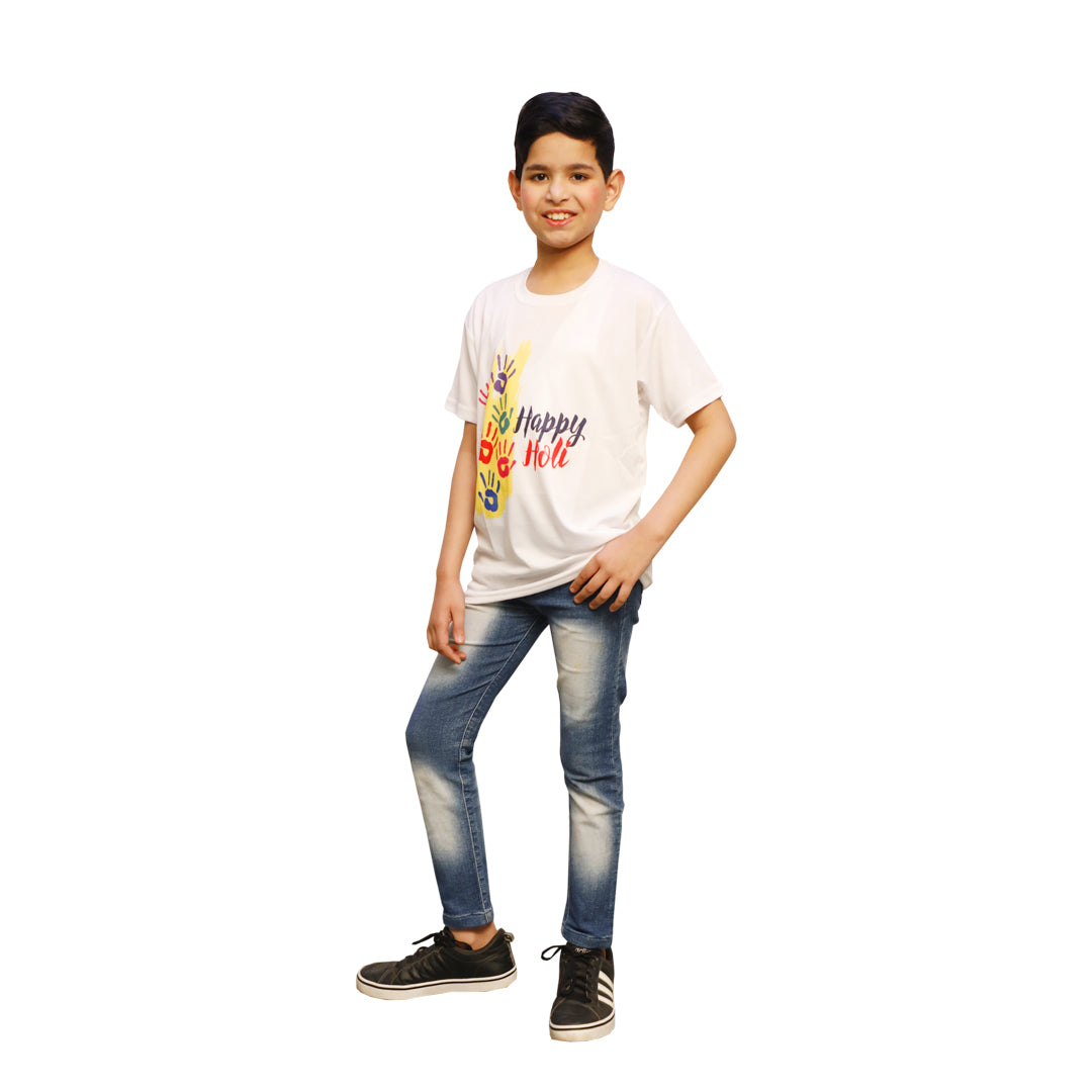 Printed Round Neck T-Shirt in White Color for Kids (IMC2030-Holi8)