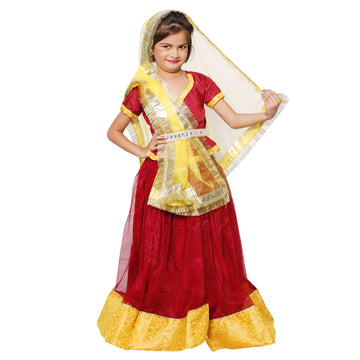 Radha Navratri Garba Girls Dress for Kids Lehenga/Chaniya,Choli with Dupatta- Maroon &amp;Yellow (IMC694)