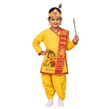 Krishna Dress for Kids Set of 6 Dhoti,Kurta,Mukut,Morpankh,Bansuri,Stole