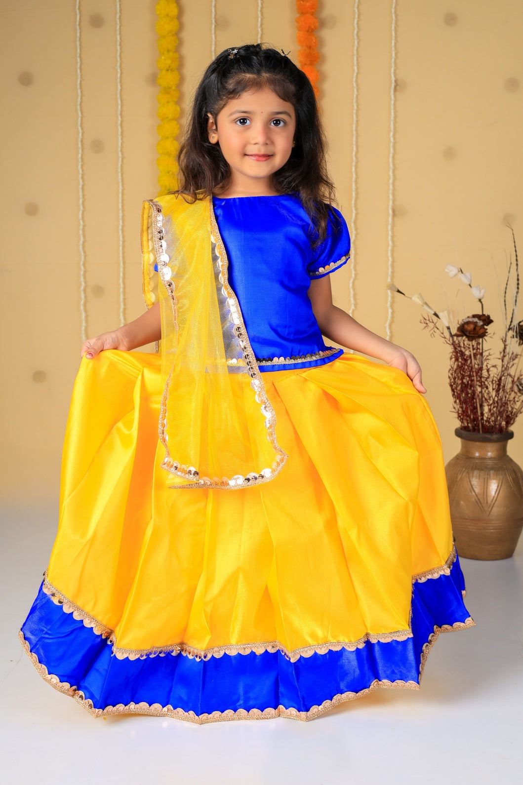 Vaanee Designz Silk Blend Readymade Embroidered 3 Piece Lehenga Choli Set|Lehenga Choli,Ethnic Wear|Lehenga for Kids|Lehenga Set for Wedding and Festival( Yellow & Blue)