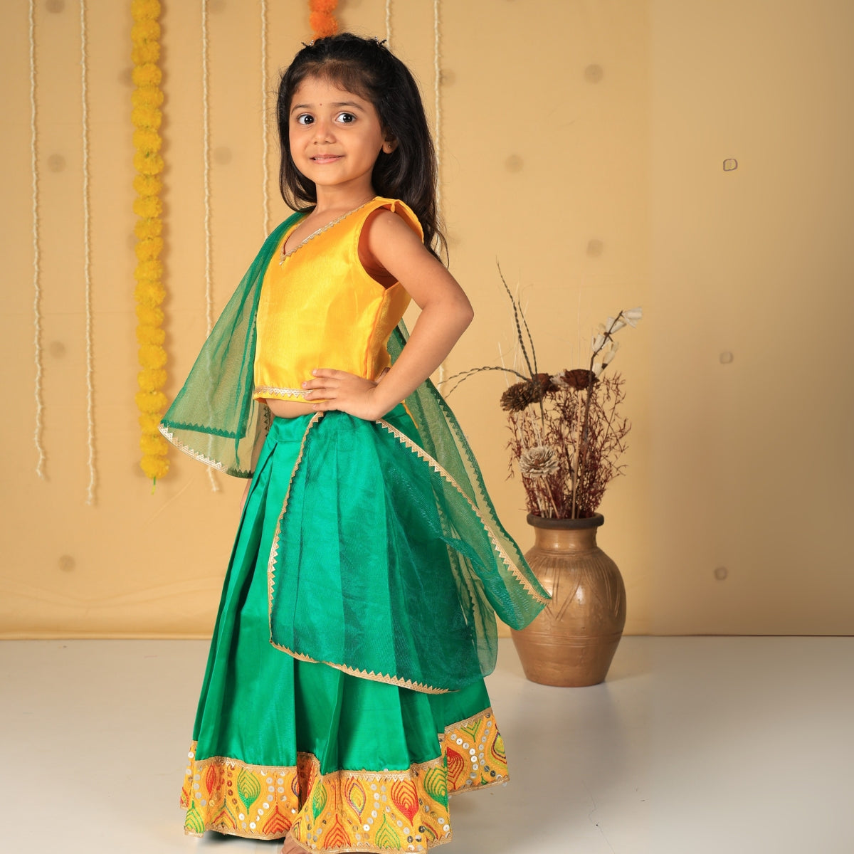 Vaanee Designz Silk Blend Readymade Embroidered 3 Piece Lehenga Choli Set|Lehenga Choli,Ethnic Wear|Lehenga for Kids|Lehenga Set for Wedding and Festival(Green & Yellow)
