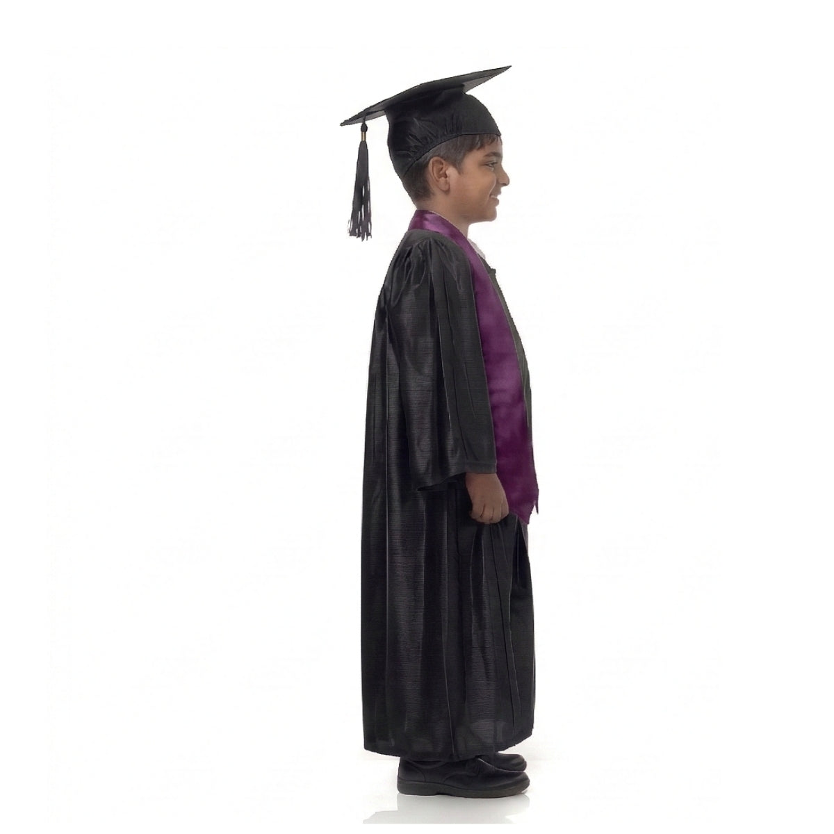 Kids Black Graduation Gown with Cap and Purple Sash | Convocation Costume for Boys & Girls