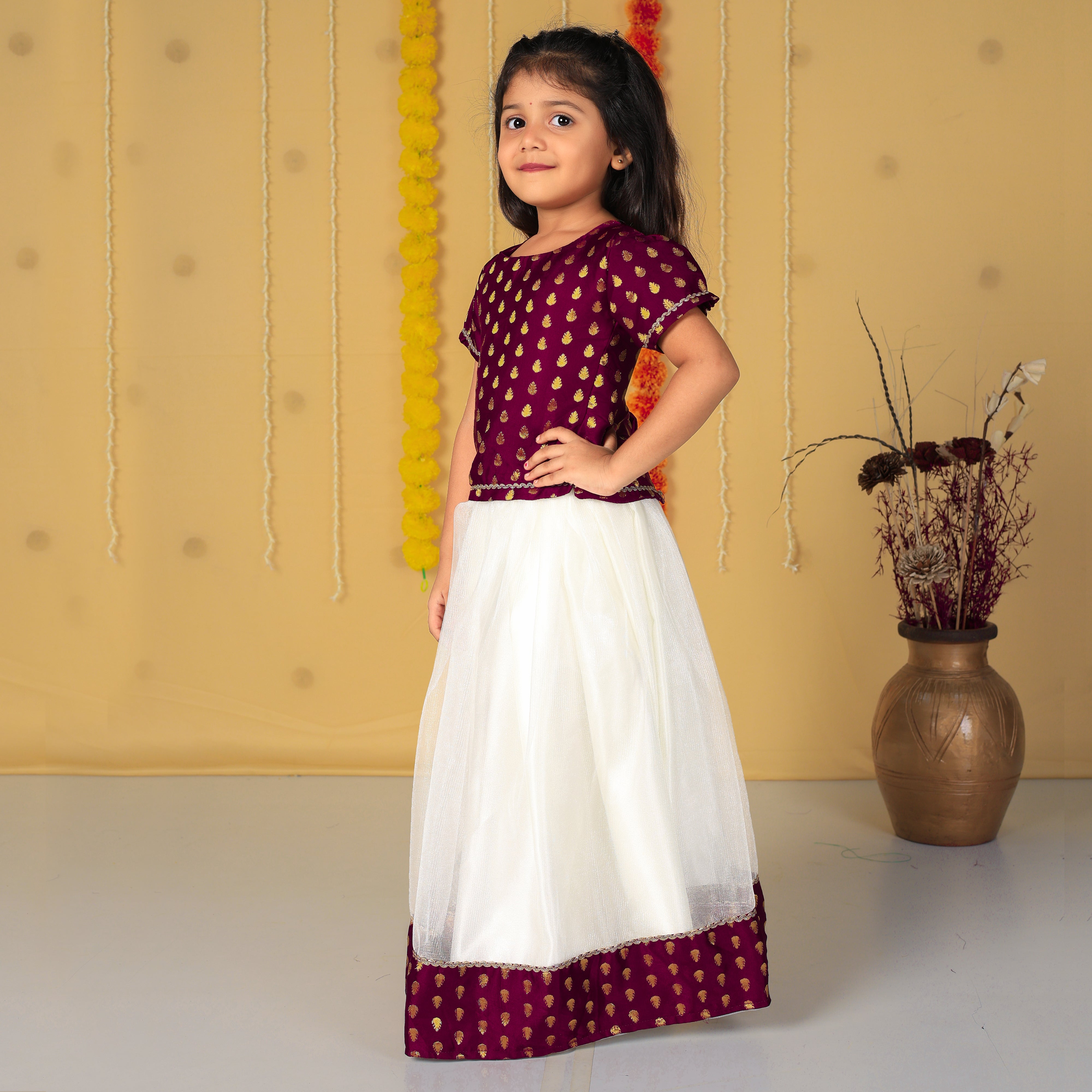 Vaanee Designz Silk Blend Readymade Embroidered 3 Piece Lehenga Choli Set|Lehenga Choli,Ethnic Wear|Lehenga for Kids|Lehenga Set for Wedding and Festival(Wine)