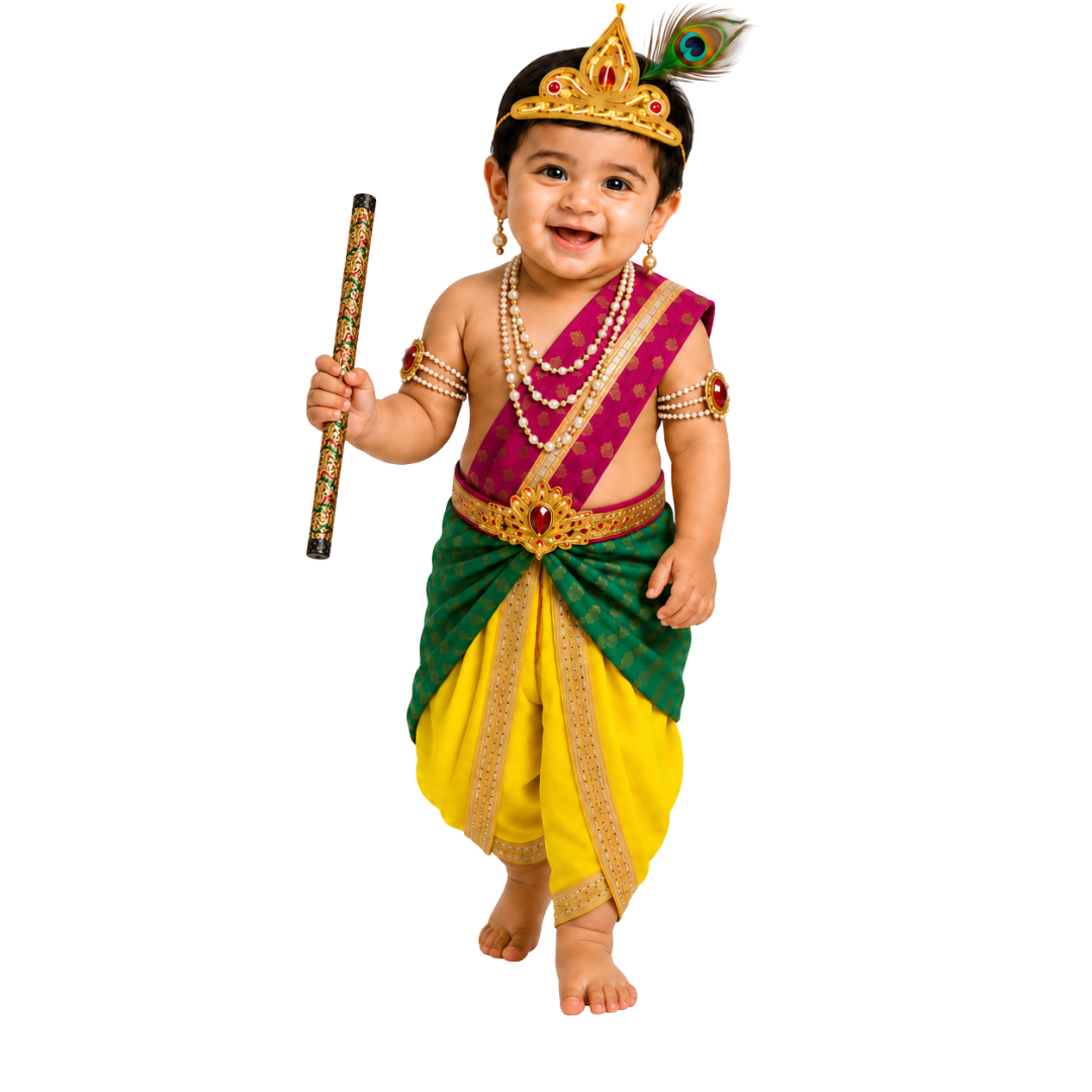 ITSMYCOSTUME Baby Krishna Costume for Boys | Kanha Fancy Dress Set with Dhoti, Patka, Mukut, Morpankh, Mala, Bajuband, Kamarband, Kundal & Bansuri | Janmashtami Dress for Kids