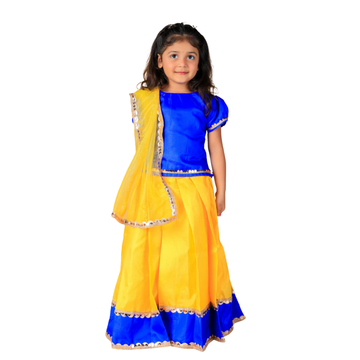 Vaanee Designz Silk Blend Readymade Embroidered 3 Piece Lehenga Choli Set|Lehenga Choli,Ethnic Wear|Lehenga for Kids|Lehenga Set for Wedding and Festival( Yellow & Blue)
