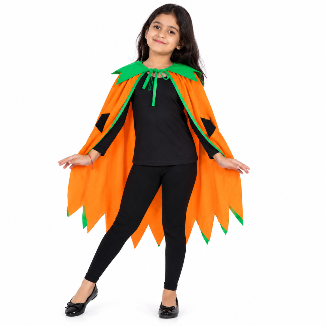 ITSMYCOSTUME Kids Pumpkin Cape Costume for Girls | Cute Jack-O-Lantern Halloween Cape with Smiley Face & Green Collar | Cosplay Wear