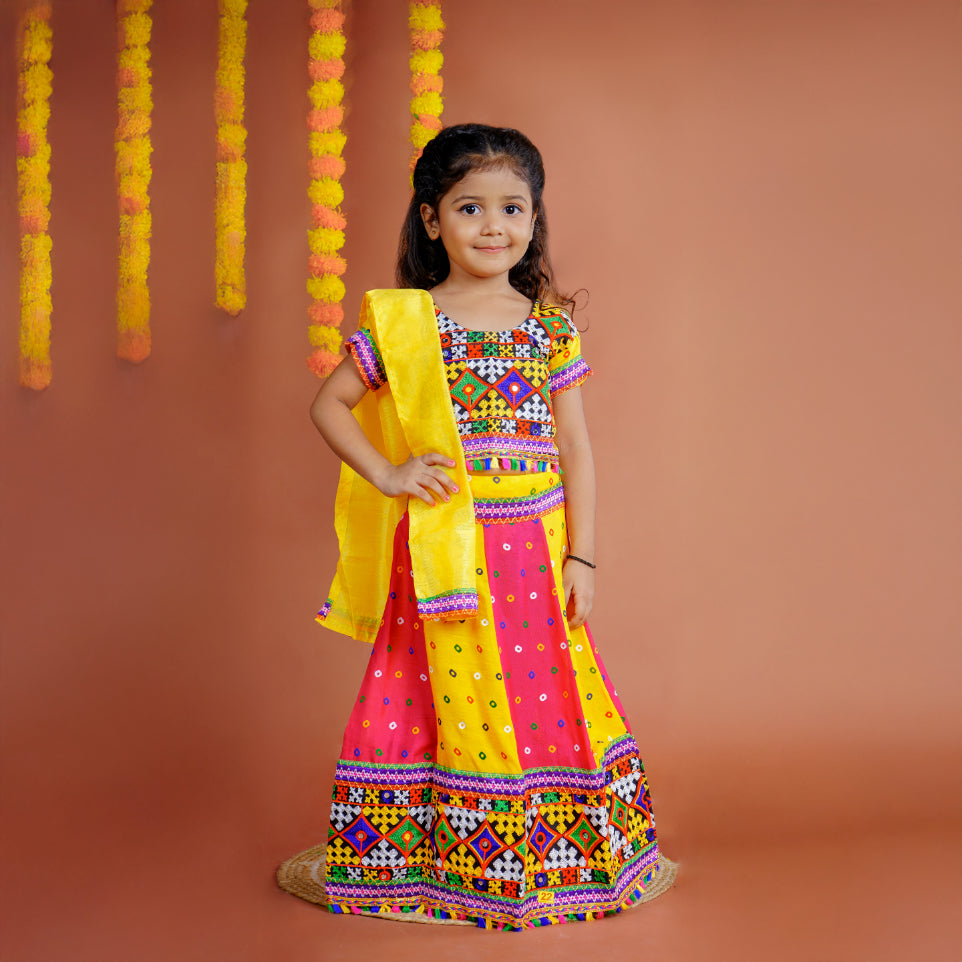 Girl's Gujrati Garba Navratri Cotton Readymade Lehenga Choli With Dupatta
