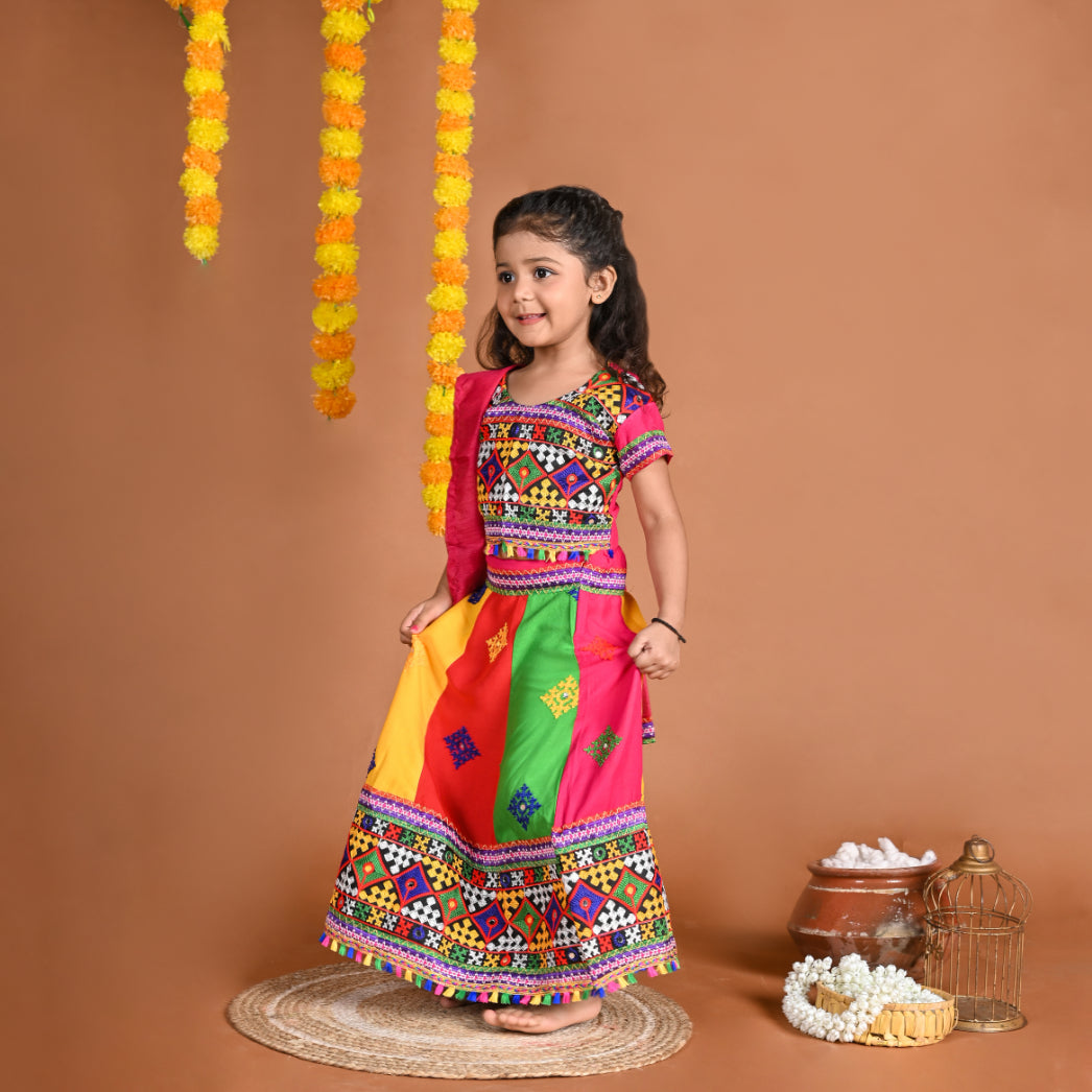 Girl's Gujrati Garba Navratri Cotton Readymade Lehenga Choli With Dupatta
