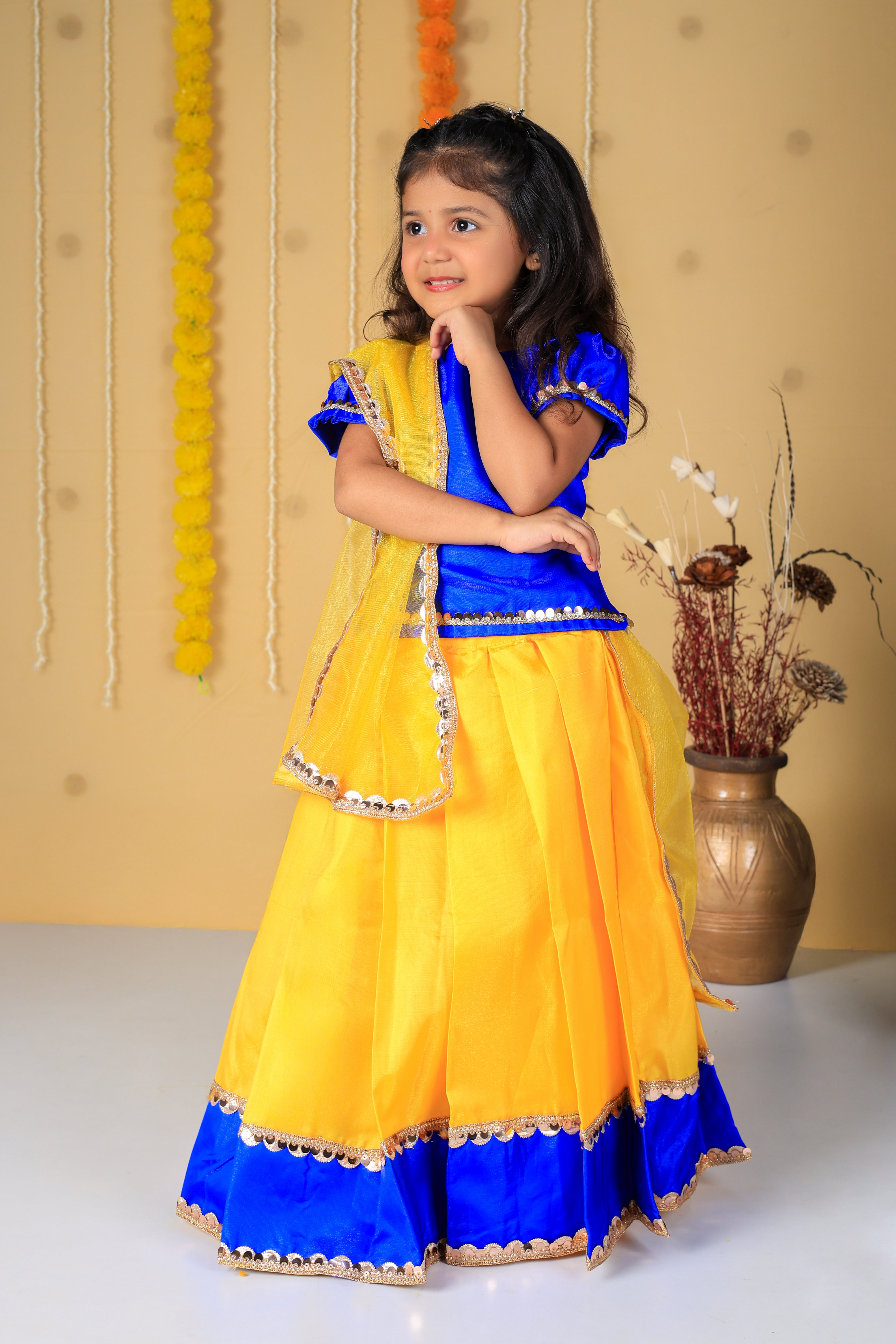 Vaanee Designz Silk Blend Readymade Embroidered 3 Piece Lehenga Choli Set|Lehenga Choli,Ethnic Wear|Lehenga for Kids|Lehenga Set for Wedding and Festival( Yellow & Blue)