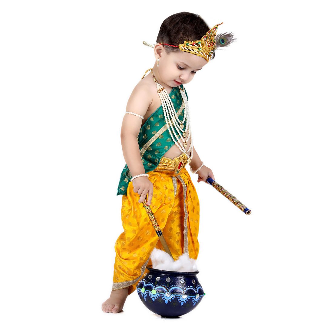 Krishna Dress for Baby Boy Kids Set of 10 Little Krishna Ji Kanha Janmasthmi Costume for Kids (IMC45001-SATYELGREEN)