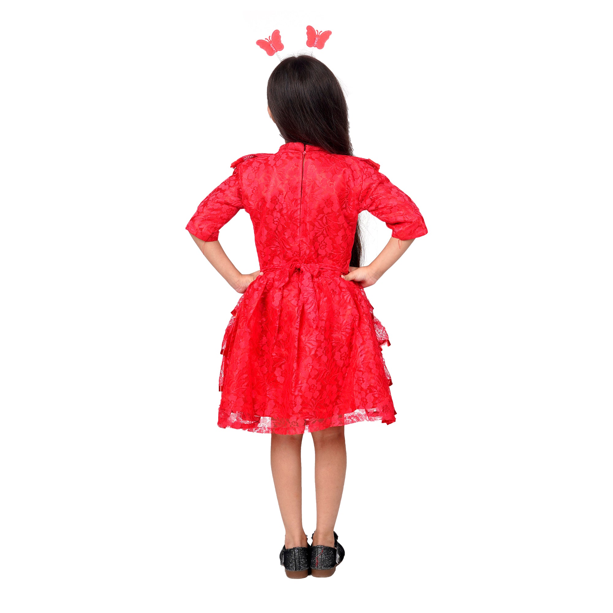 Itsmycostume Net Casual Knee Length Cute Frill Fairy Red Frock Dress with Wings, Fairy Stick and Head Band for Girls Kids