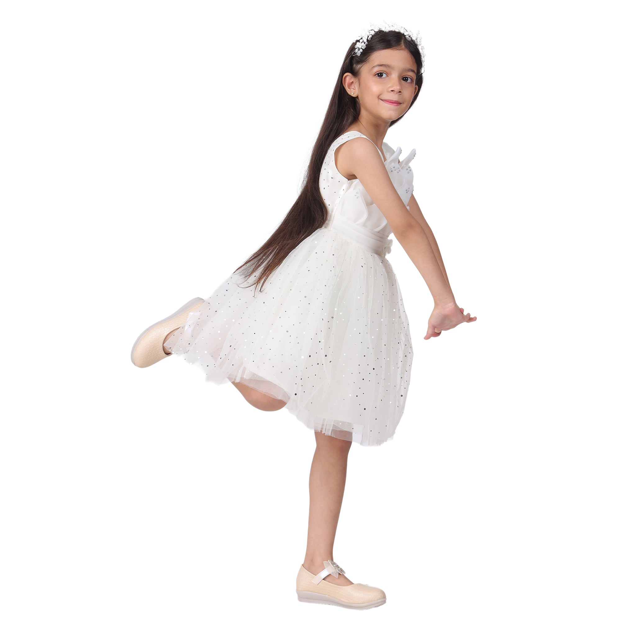 Itsmycostume Net Casual Knee Length Cute Frill White Frock Dress for Girls Kids